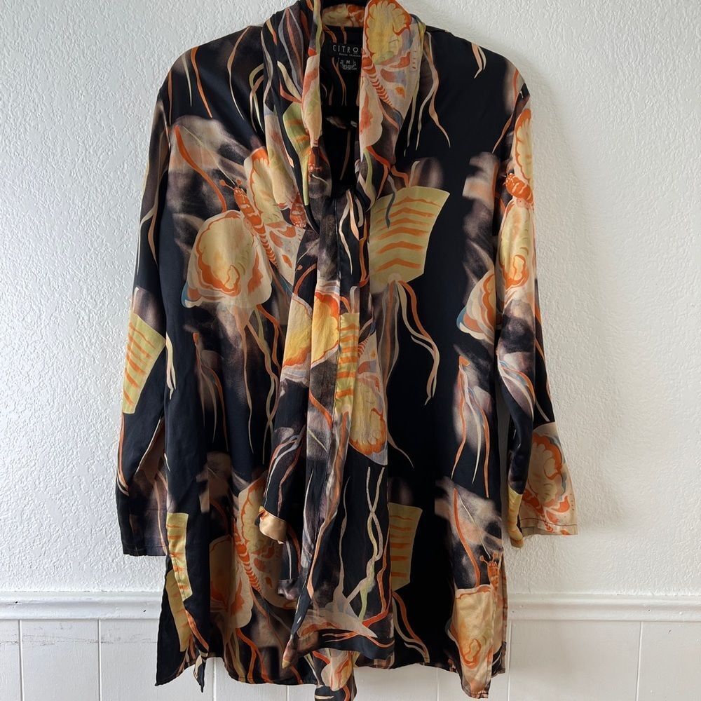 CITRON butterfly print silk shirt and foulard scarf shirt set M
